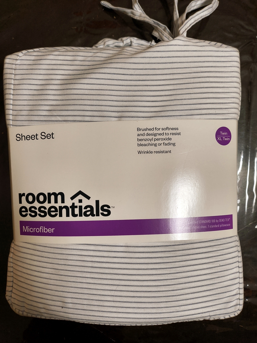 room essentials Twin XL Microfiber Sheet Set - White with Thin Gray Stripes